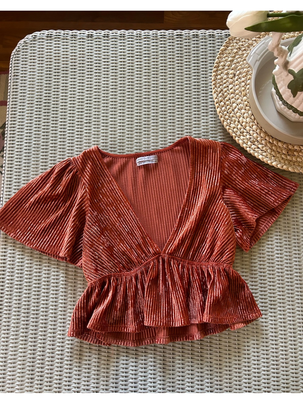 Urban Outfitters Burnt Orange Velvet Ribbed Peplum Crop Top
